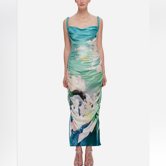 NWT Leo Lin Rachel Cowl Neck Silk Slip Dress Neptune Print in Sea Grass Size 12 - Picture 4 of 16